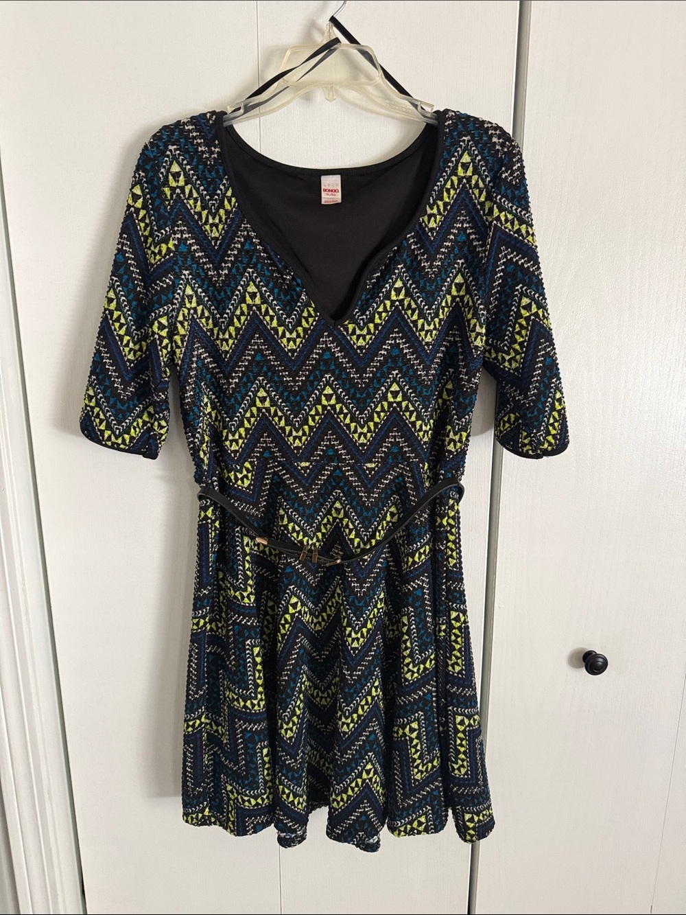 Chevron V-Neck Women's Dress in Black, Blue & Lime Sz XL
